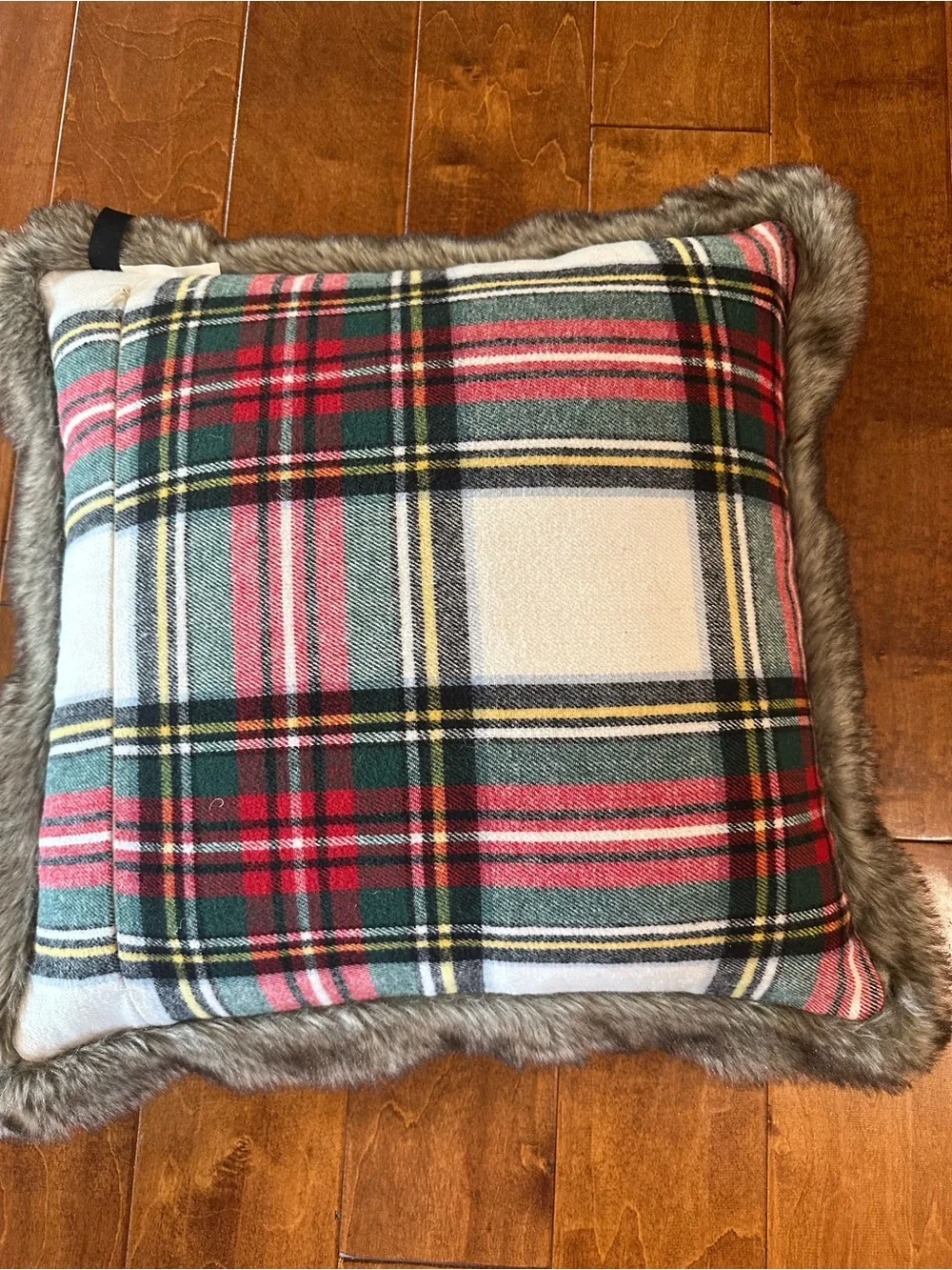 Newport Plaid Holiday Pillow with Faux Fur Trim - Red, Green, Cream, Gray
